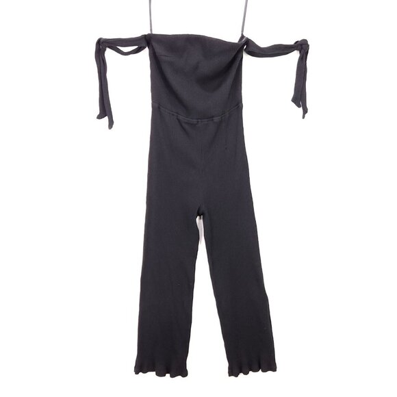 NBD Revolve Eden Jumpsuit Shoulder Tie Straps Ribbed Black Small Crop Straight - Picture 2 of 13